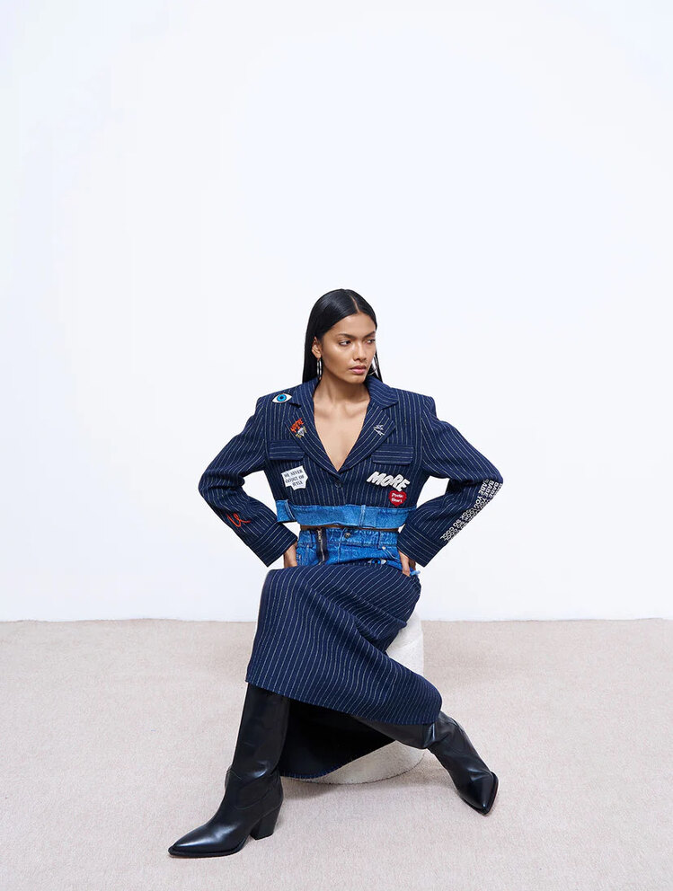 Denim detaylı Nakışlı crop blazer ceket lacivert 