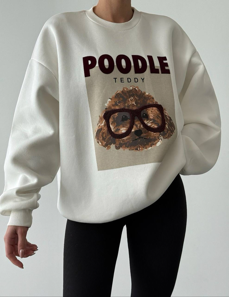Baskı ve Nakış Detaylı Sweatshirt Ekru 