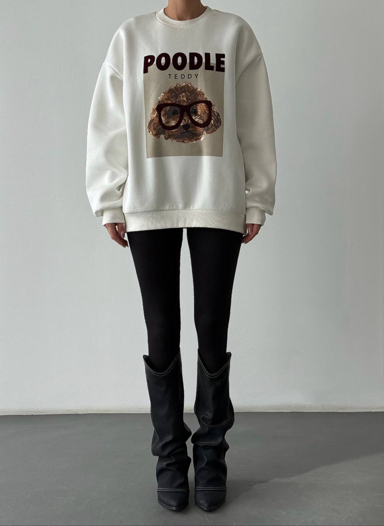 Baskı ve Nakış Detaylı Sweatshirt Ekru 
