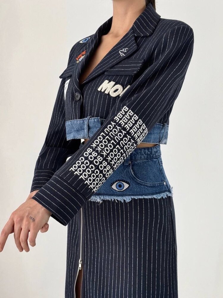 Denim detaylı Nakışlı crop blazer ceket lacivert 