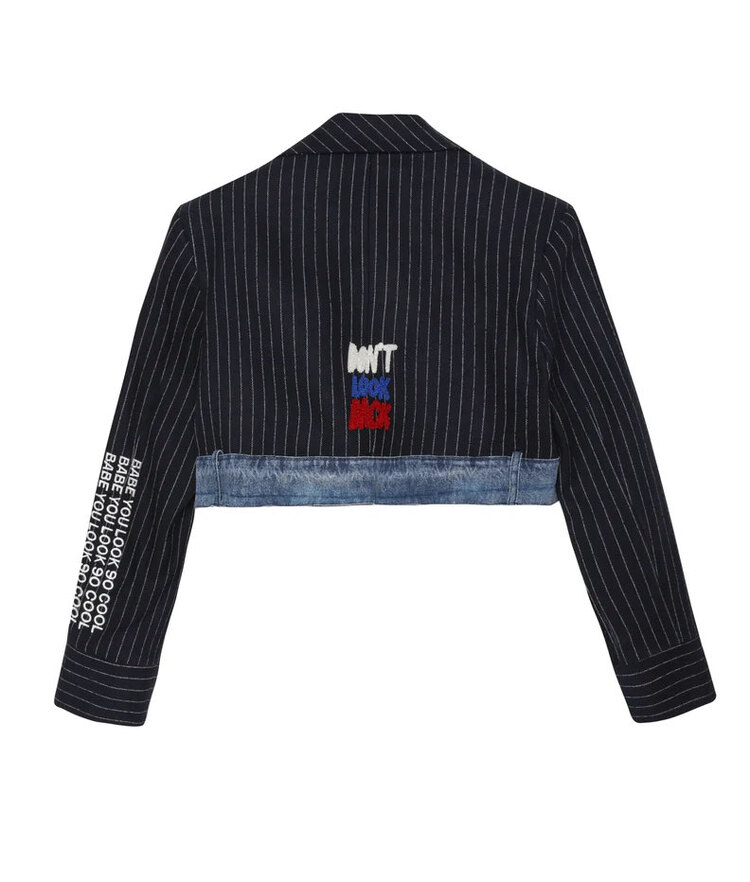 Denim detaylı Nakışlı crop blazer ceket lacivert 