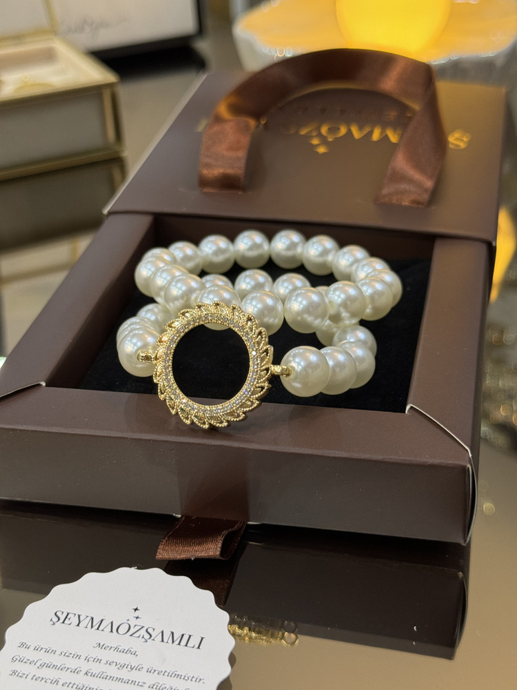 GÜNEŞ MODEL YARIM ALTIN ÇERÇEVE İKİLİ SET İNCİ BİLEKLİK 