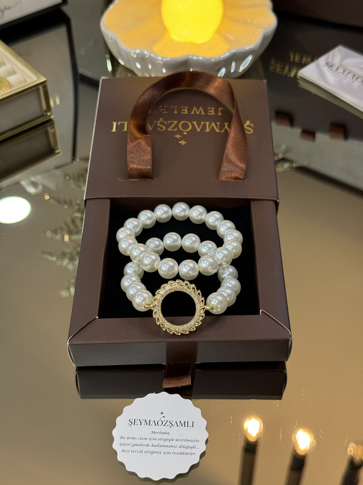 GÜNEŞ MODEL YARIM ALTIN ÇERÇEVE İKİLİ SET İNCİ BİLEKLİK 