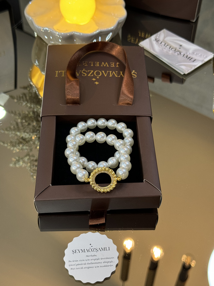 DORİKA  MODEL ÇEYREK ALTIN ÇERÇEVE İKİLİ SET İNCİ BİLEKLİK 