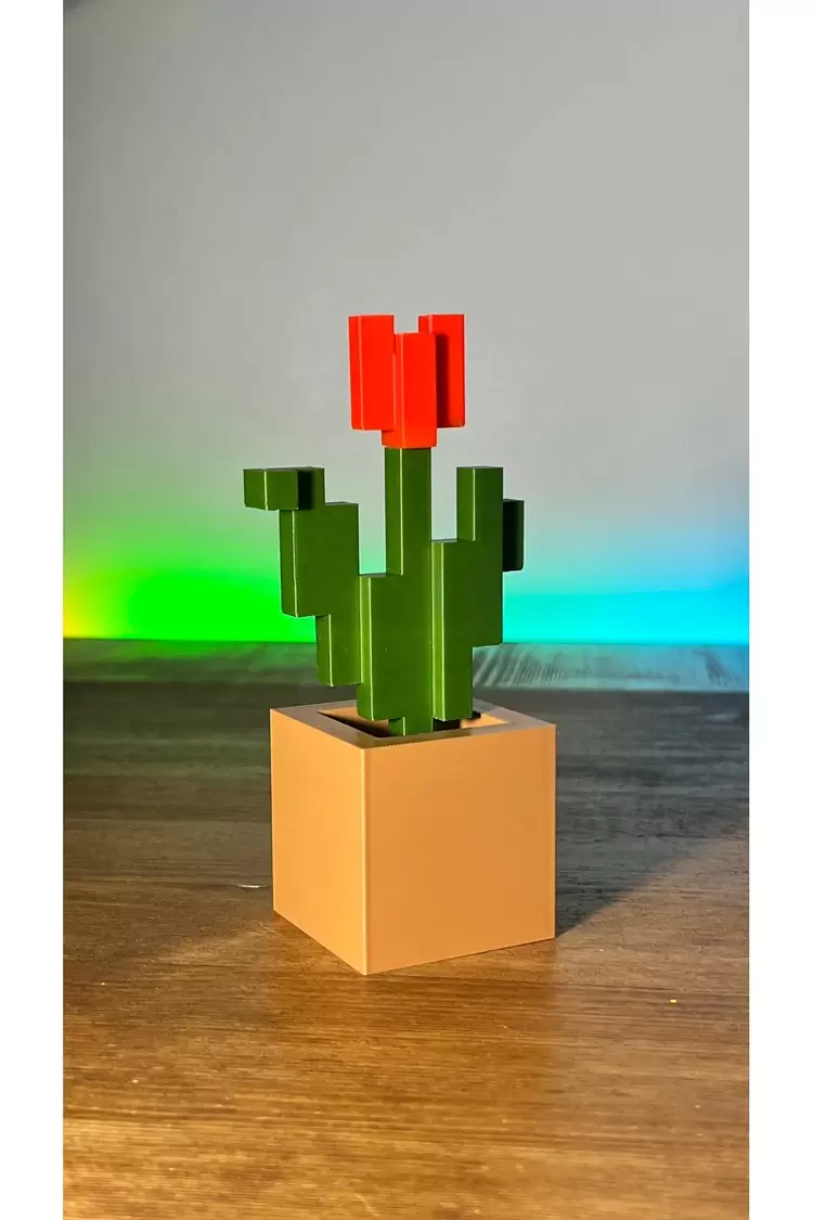 Minecraft Kırmızı Yeşil Çiçek (KAHVERENGİ) Saksı Hediyelik Figürü