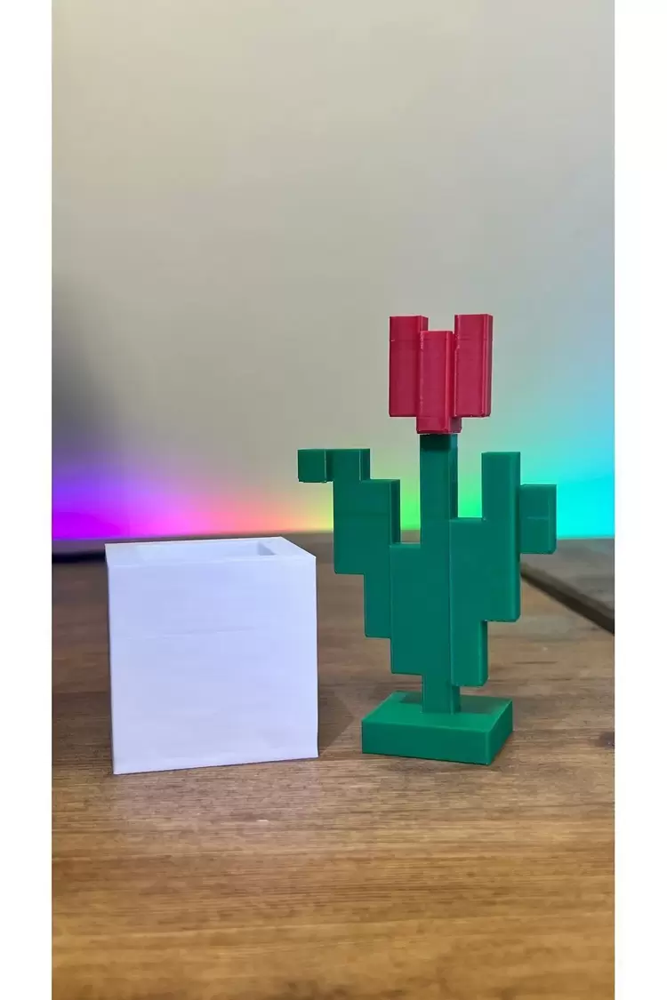 Minecraft Kırmızı Yeşil Çiçek Saksı Hediyelik Figürü