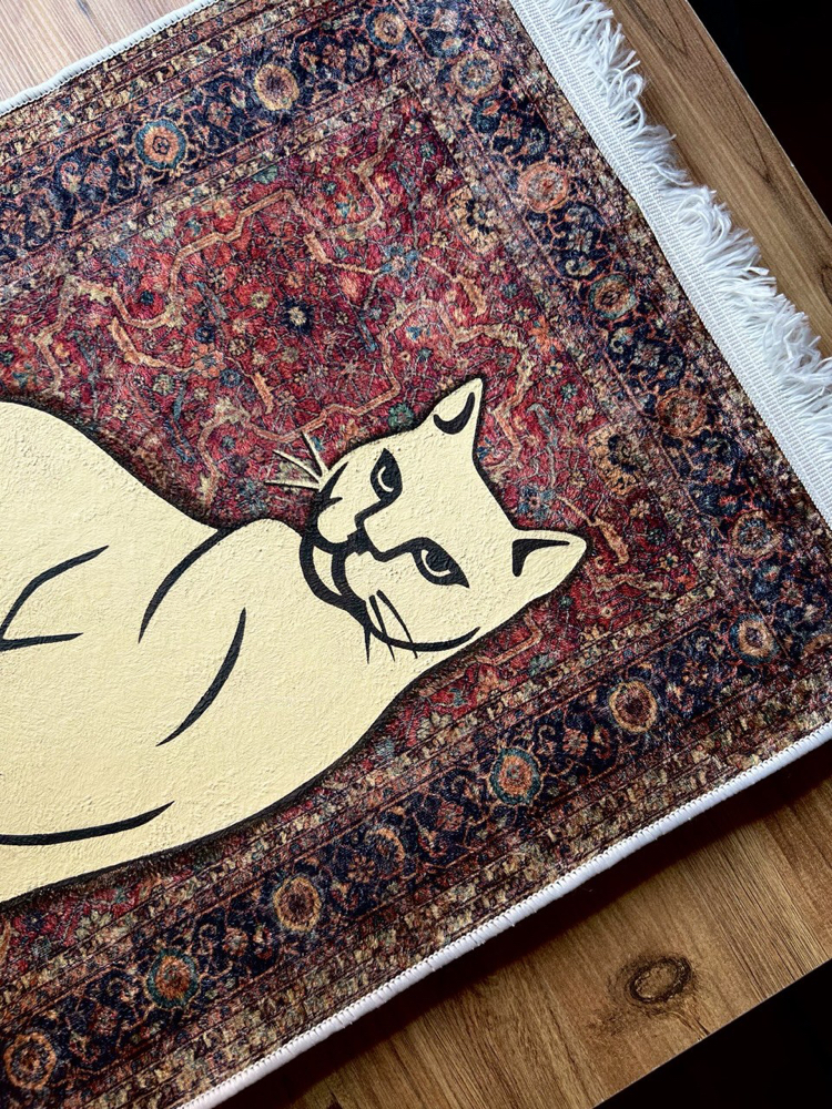 El Boyaması Kedi Figürlü Halı Tablo – Dekoratif Duvar Halısı