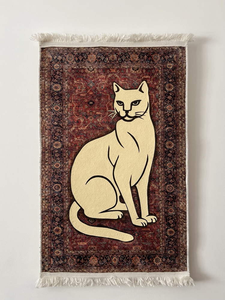 El Boyaması Kedi Figürlü Halı Tablo – Dekoratif Duvar Halısı