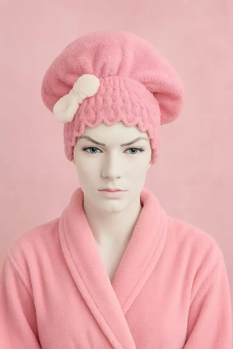 Saç Kurulama Banyo Duş Bonesi – %100 Pamuk , Fiyonklu Pembe