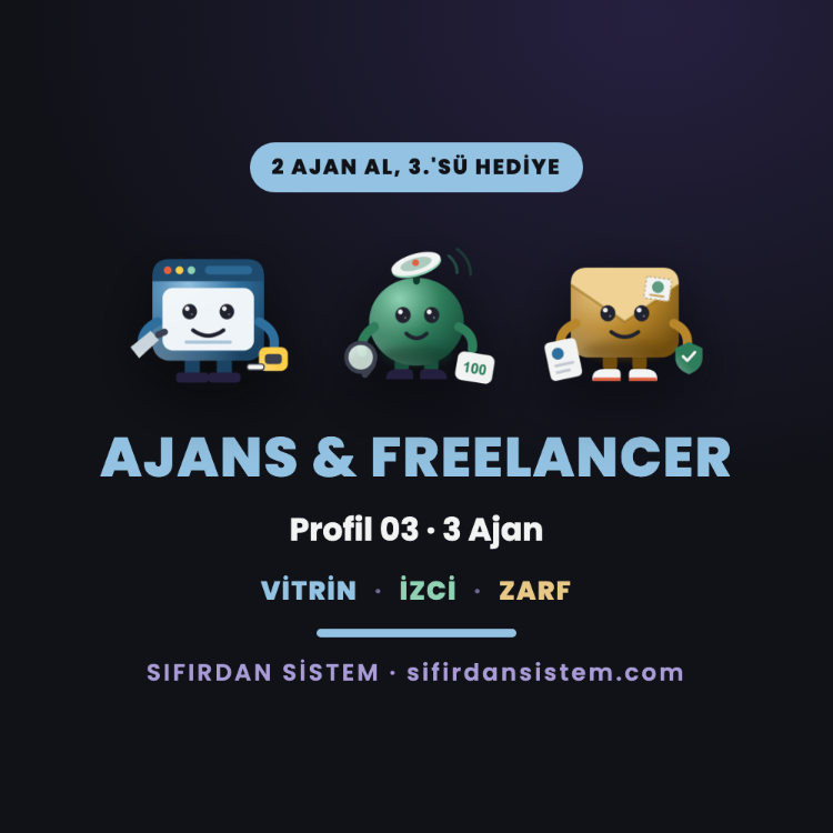 Ajans & Freelancer Paketi · 3 Ajan (VİTRİN + İZCİ + ZARF)