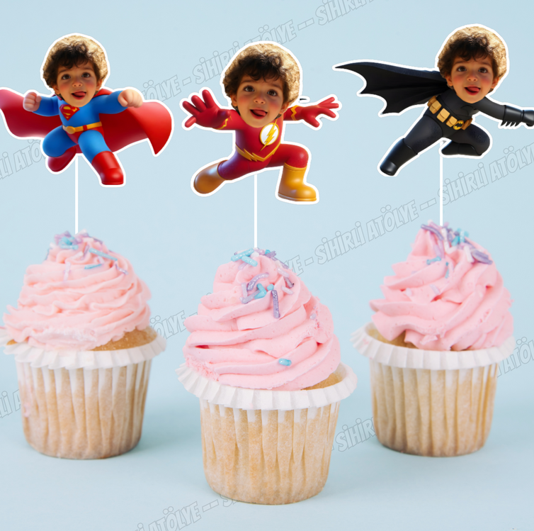 Fotoğraflı Süper Kahraman Cupcake Süsleri 6'lı