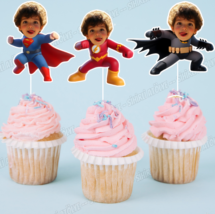 Fotoğraflı Süper Kahraman Cupcake Süsleri 6'lı