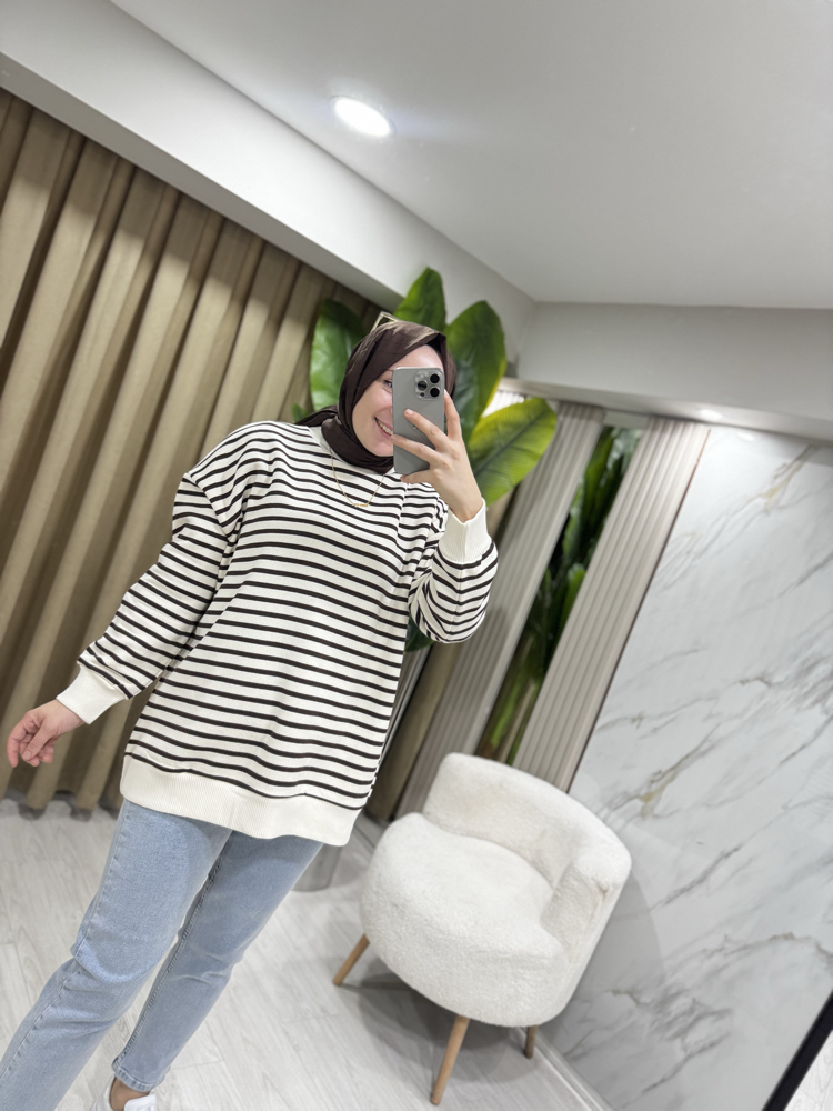 Ekru çizgili Sweatshirt 