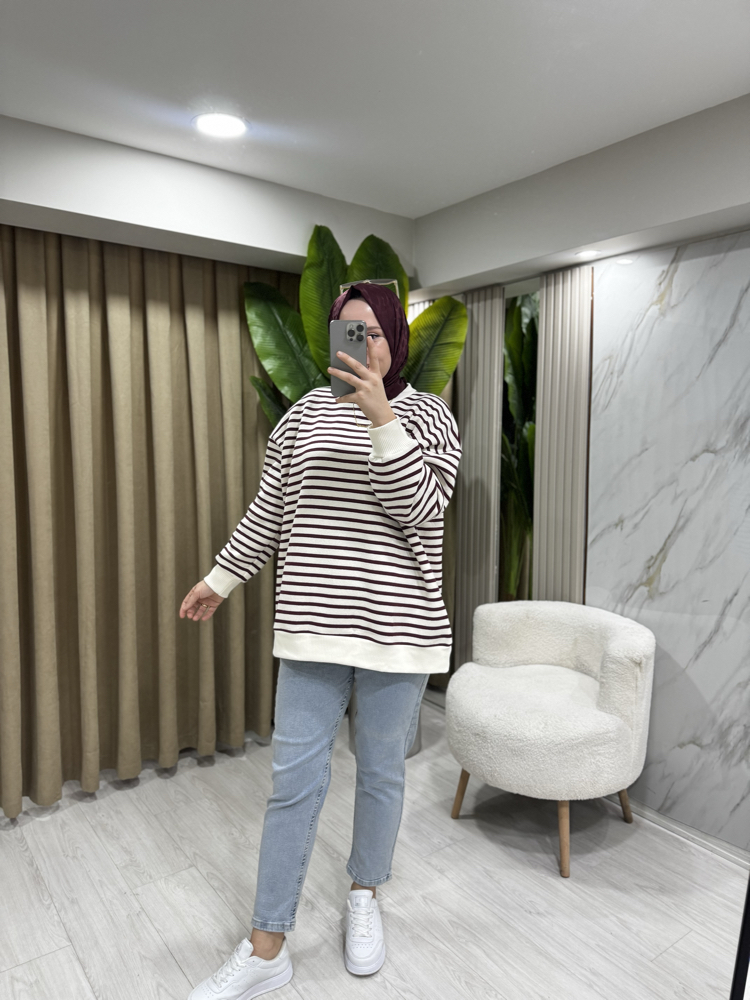 Ekru çizgili Sweatshirt 