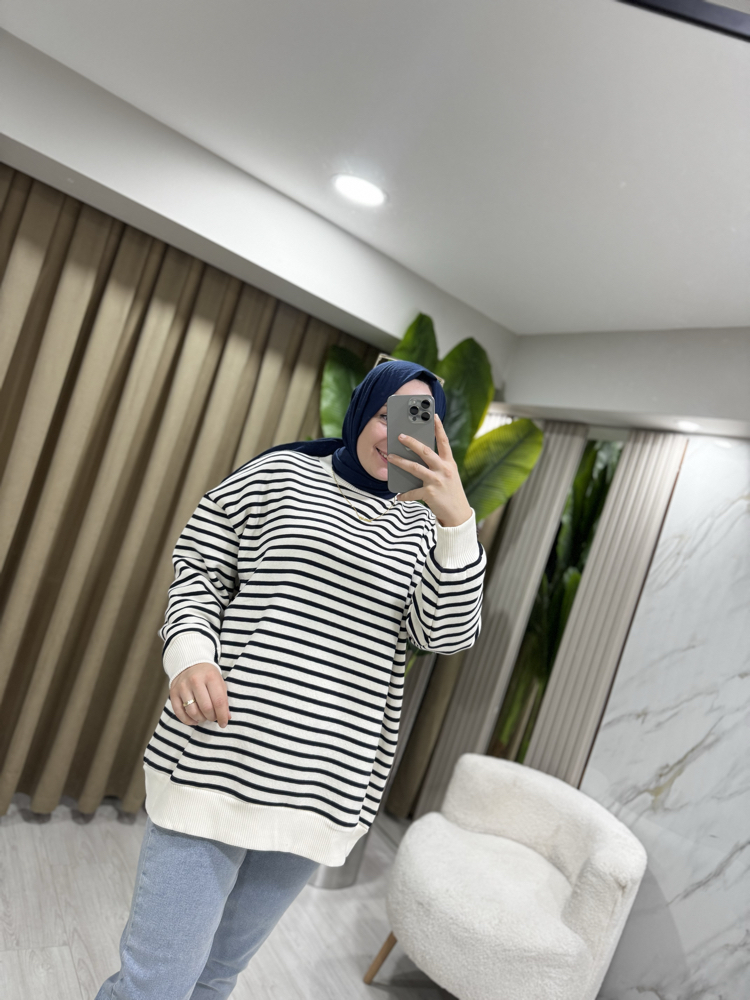 Ekru çizgili Sweatshirt 