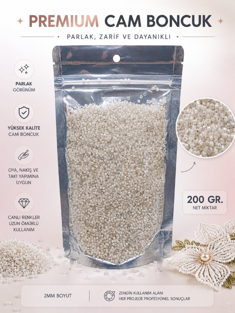 200gr Beyaz Cam Boncuk 2 mm