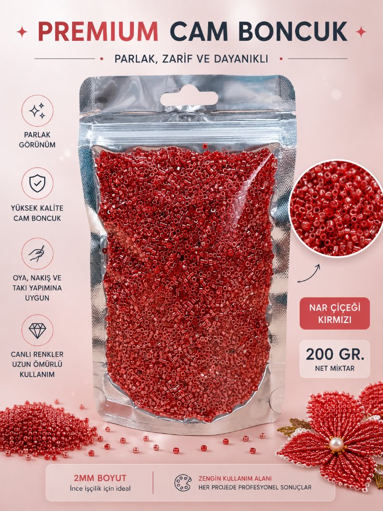 200 gr Nar Çiçeği Kırmızı Cam Boncuk 2mm 