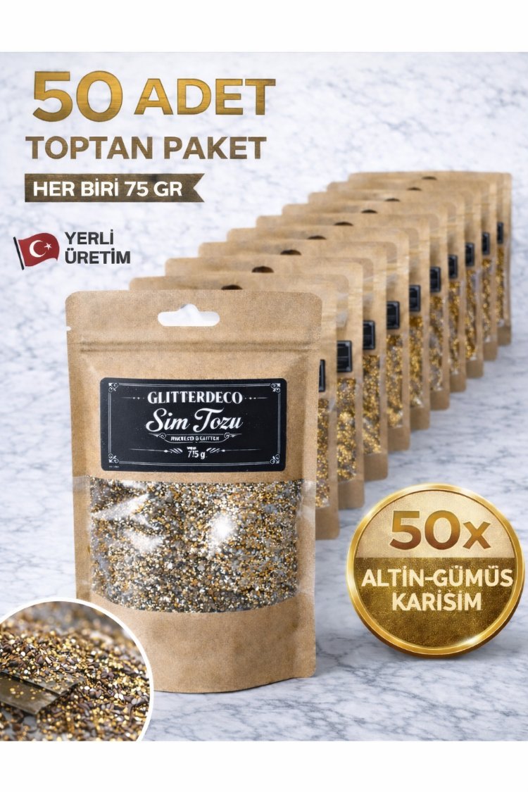 Toz Sim 75gr x 50 Adet Toptan Paket Altın Gümüş Karışım iri Tane Hobi Epoksi Duvar Boya
