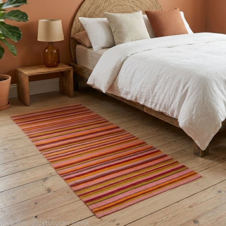 Pembe Çizgili El Dokuma Yün Kilim (Pink Striped Hand-woven Wool Kilim Rug)