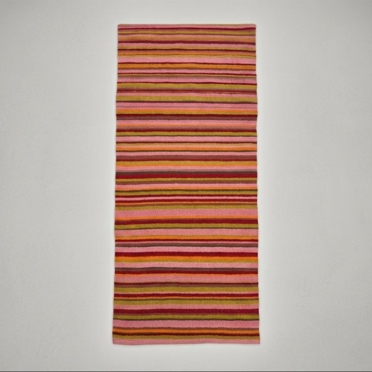Pembe Çizgili El Dokuma Yün Kilim (Pink Striped Hand-woven Wool Kilim Rug)
