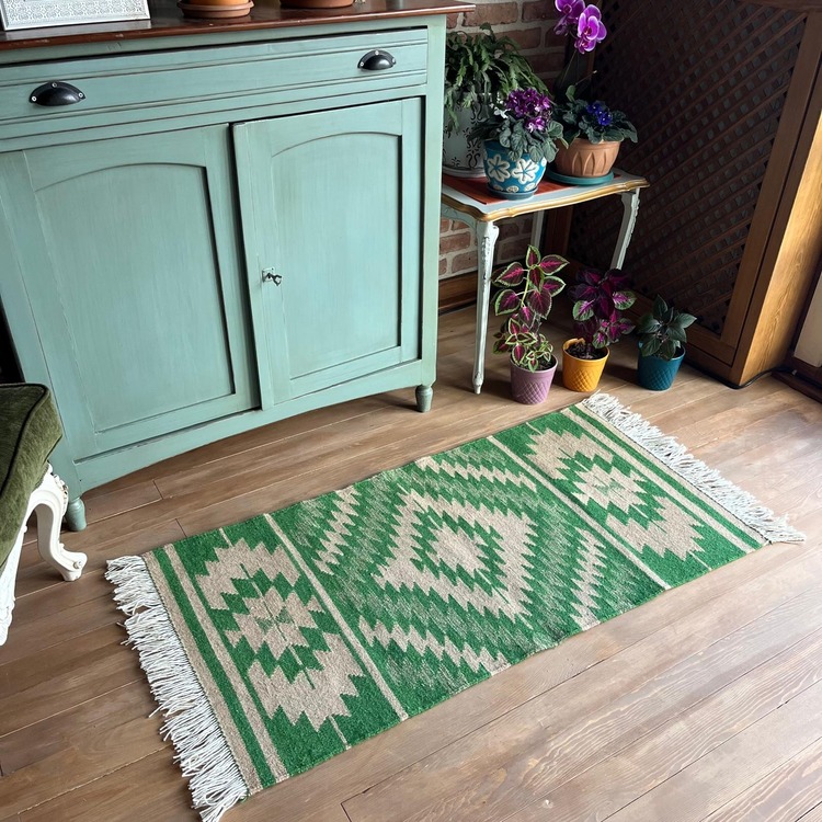 Yeşil Yıldız El Dokuma Yün Kilim (Green Star Hand-woven Wool Kilim Rug) - AMI0007