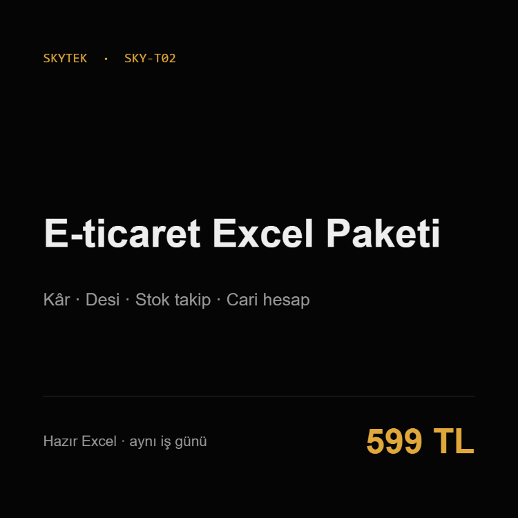 E-ticaret Excel Paketi | Kâr, Desi, Stok Takip ve Cari Hesap