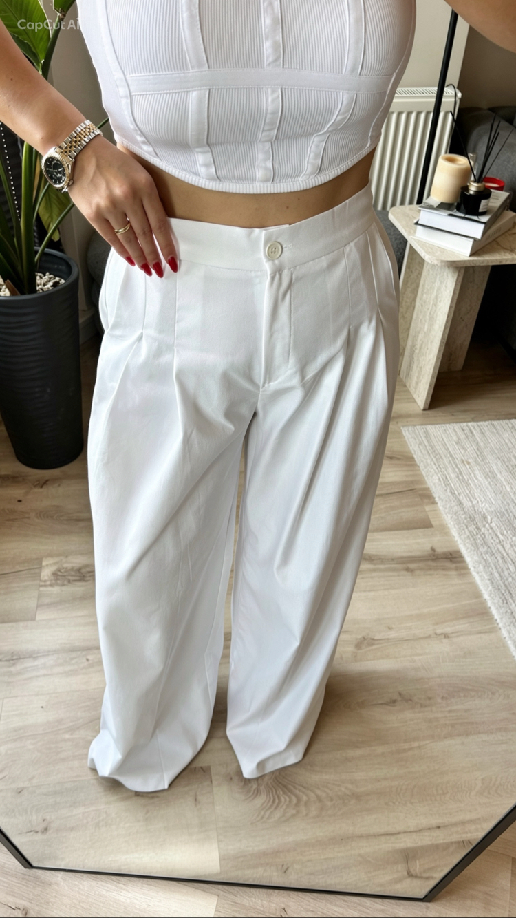 Beyaz Bol Paça Pantalon