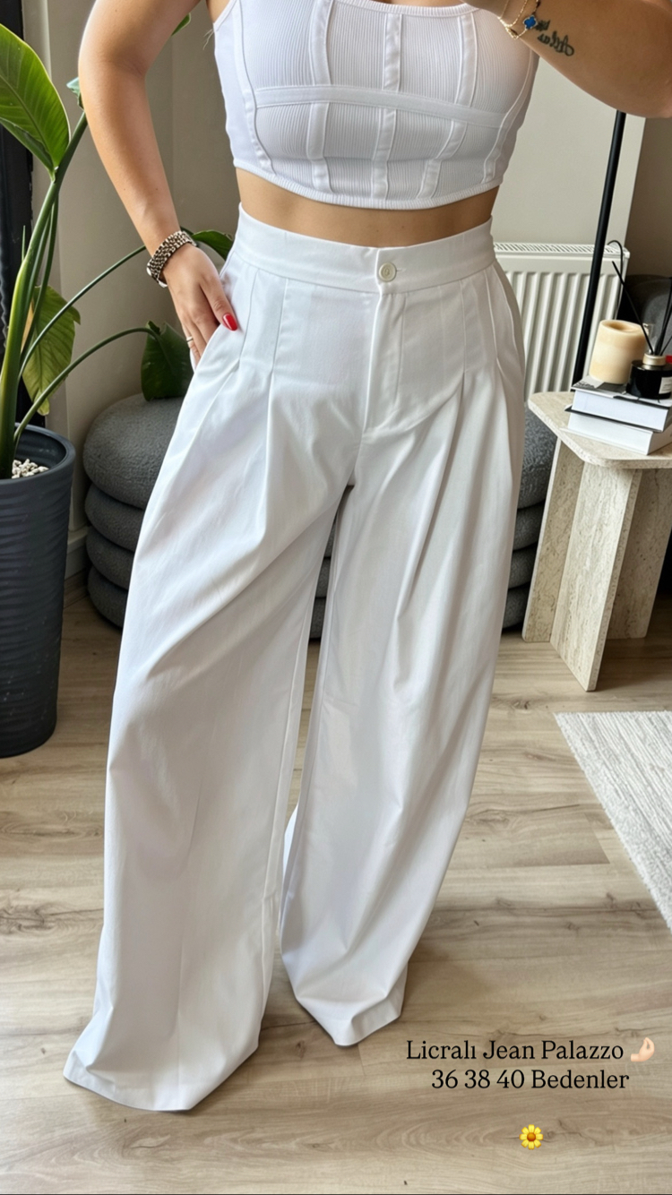 Beyaz Bol Paça Pantalon