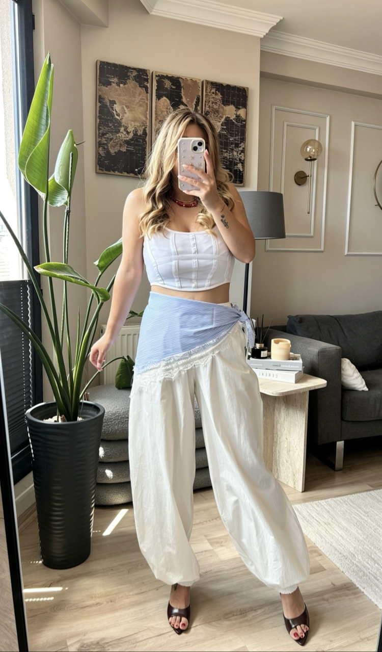 Çıkarılabilir Şal Detaylı Şalvar Pantalon