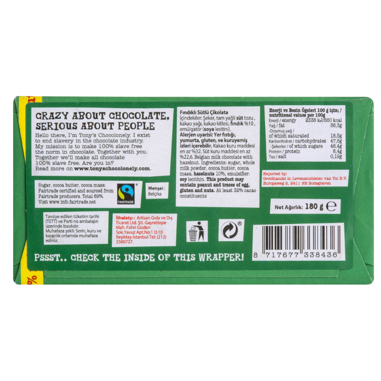 Tony's Fındıklı Sütlü Çikolata 180 G