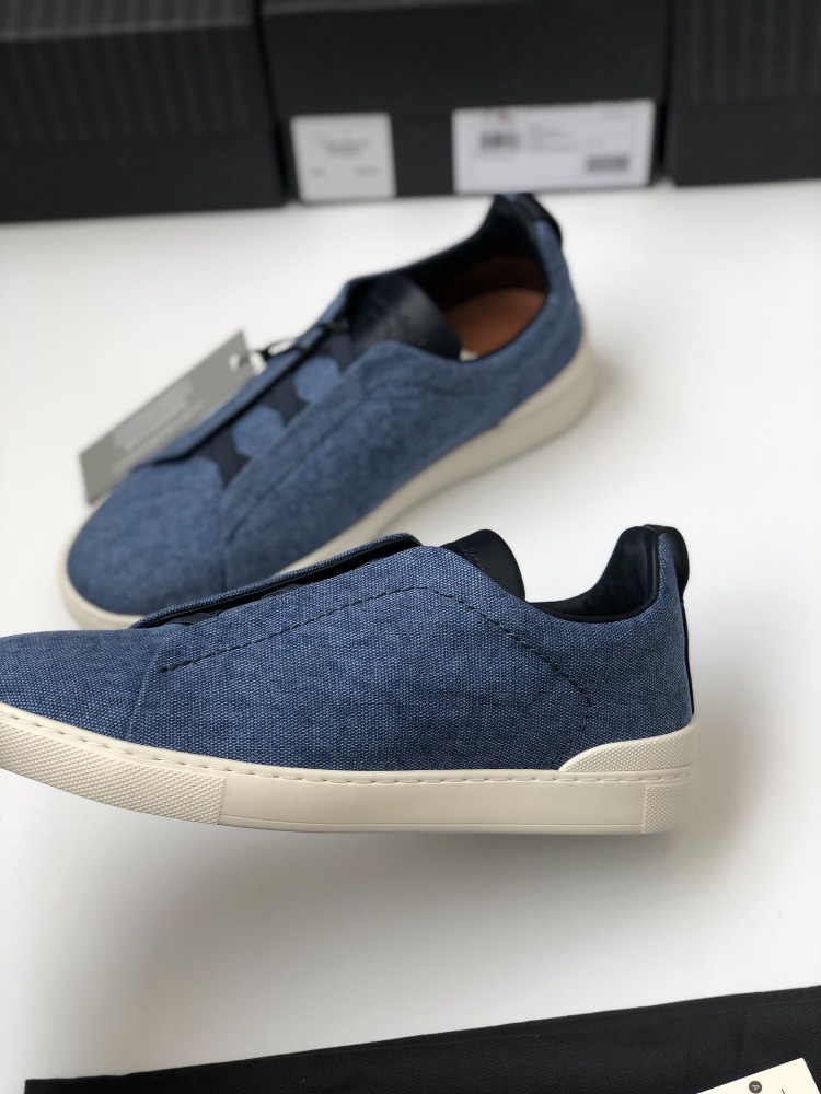Zegna Triple Stitch Dark Teal Blue Cotton Linen and Leather 39-45