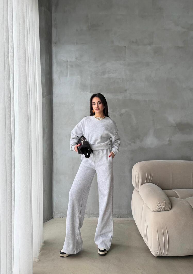 Alo Yoga Kısa Sweatshirt ve Geniş Kesim Eşofman Takımı Gri