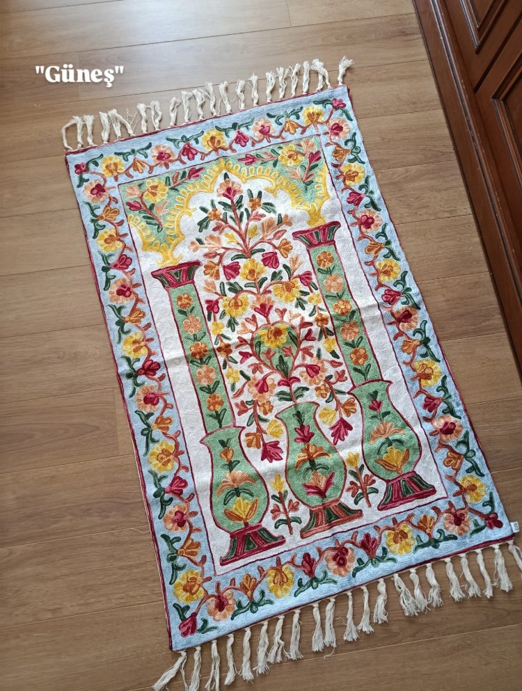 Güneş model tam işli Kaşmir seccade