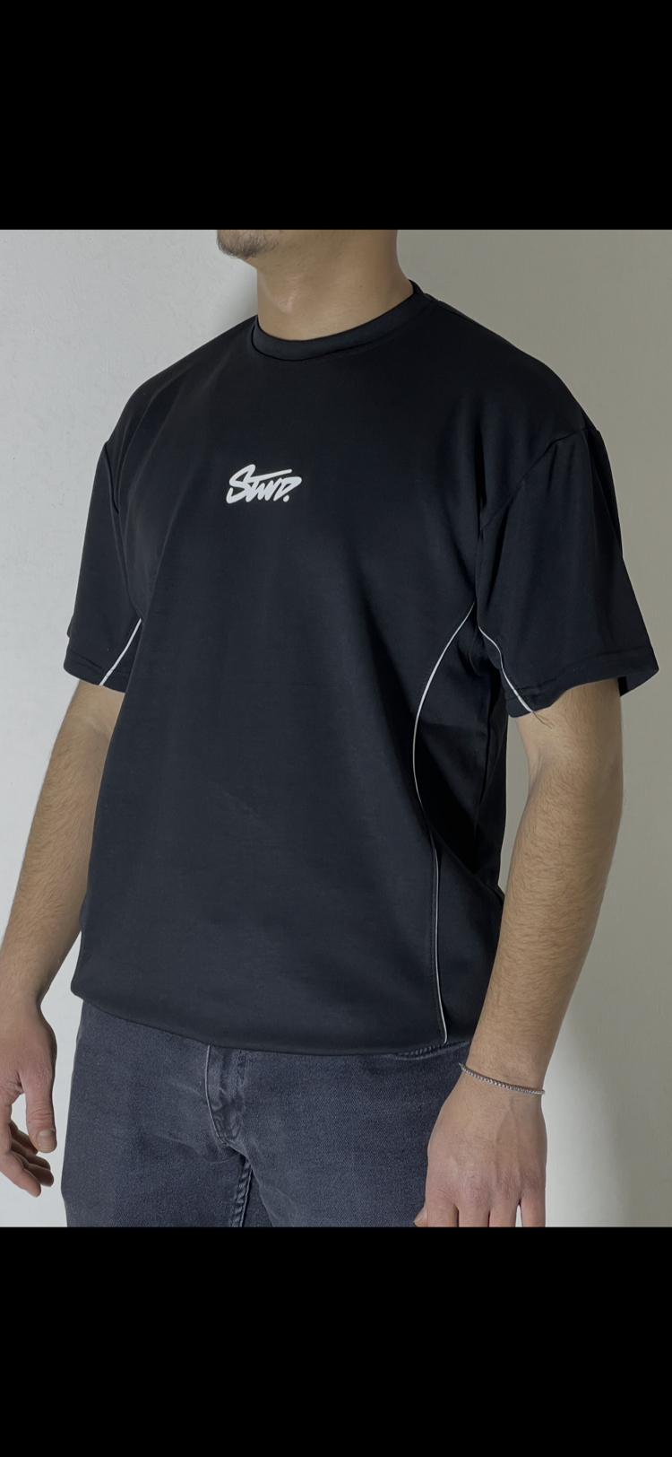Premium Şerit Detaylı Siyah T-Shirt