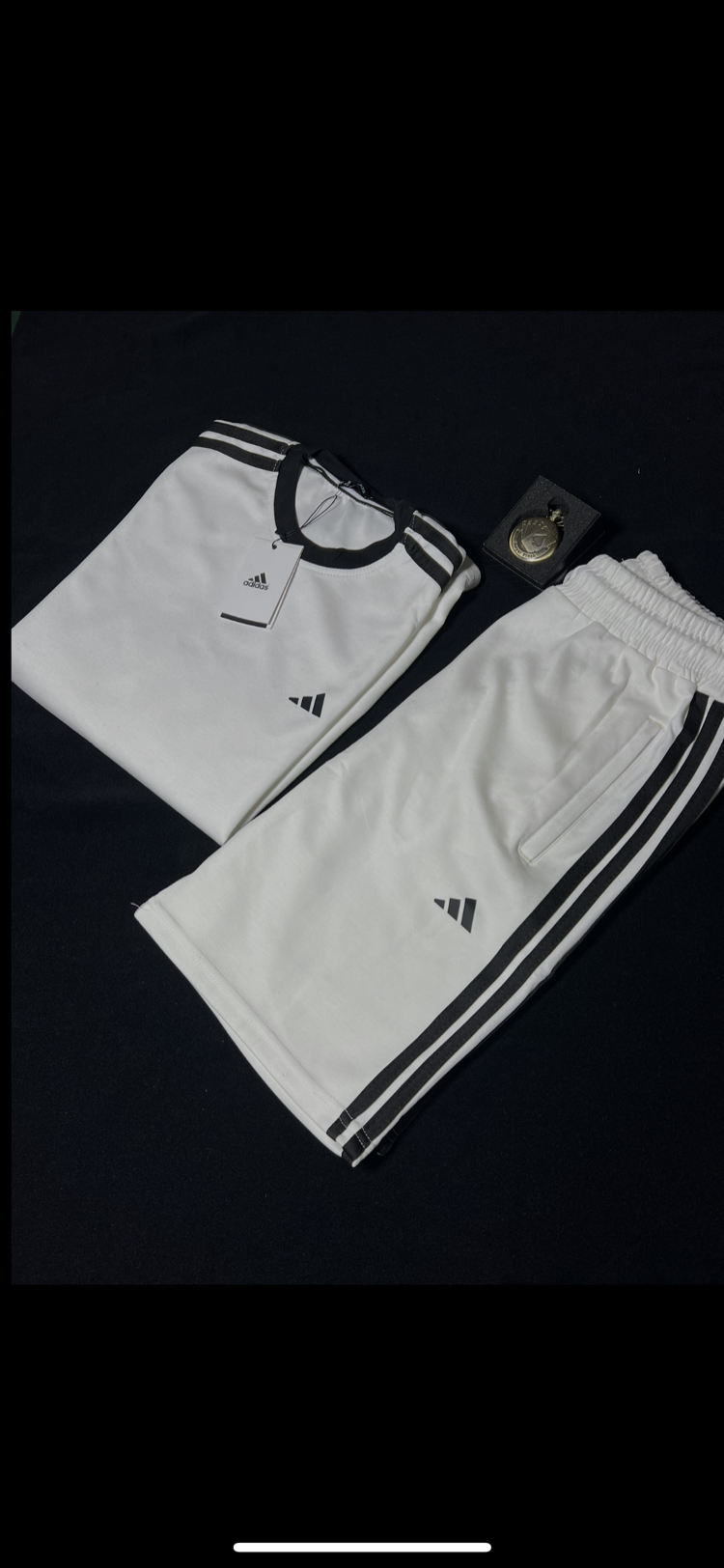 Adidas Beyaz Şort & Tişört Takım / 3 Çizgili Rahat Kalıp