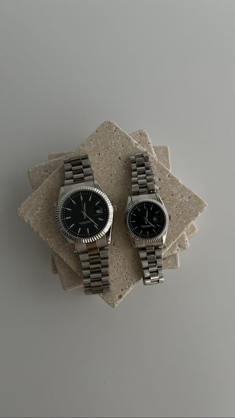 Lusso ~ Silver Black Çift saati 