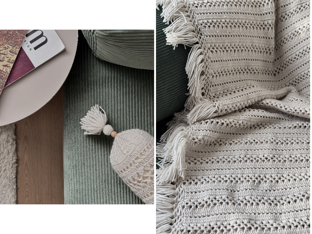 Soft White Lounge Set | El Örgüsü Battaniye & Silindir Yastık