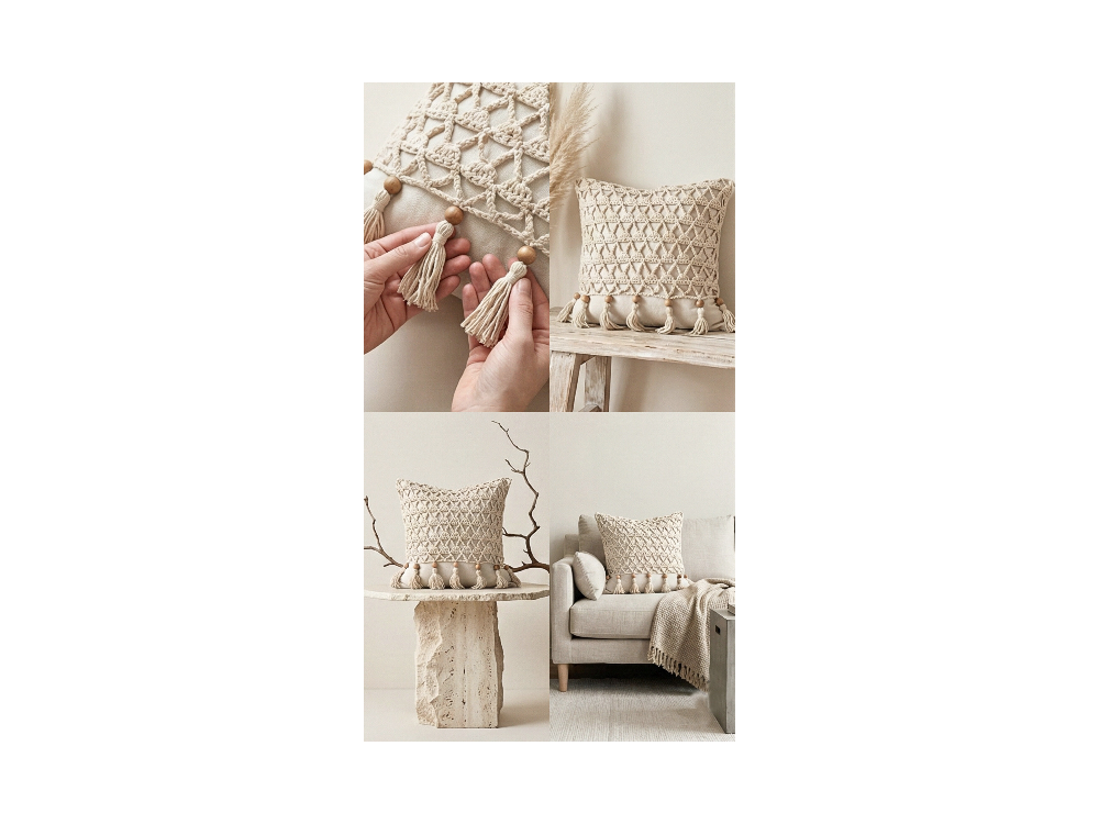Mini Macrame Lumbar | Krem Tığ İşi Yastık Kılıfı