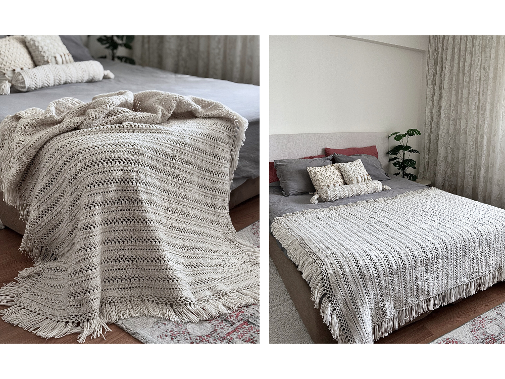Soft White Lounge Set | El Örgüsü Battaniye & Silindir Yastık