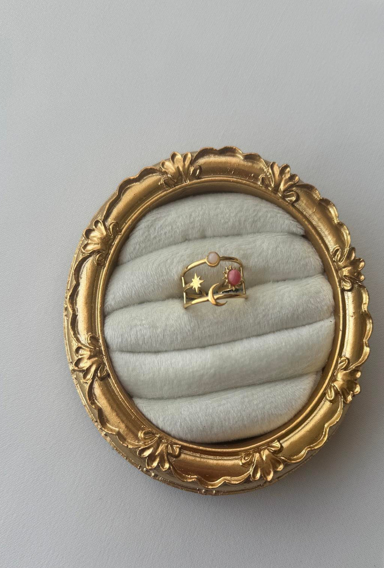 Pembe taşlı ayarlanabilir çelik gold yüzük