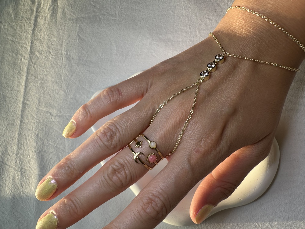 Pembe taşlı ayarlanabilir çelik gold yüzük