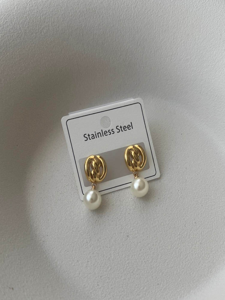 Çelik gold inci sallantılı küpe