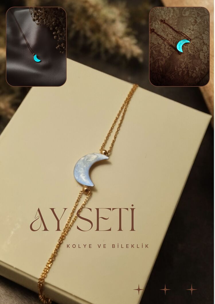Gece Parlayan Ay Seti + Lotus Seti+ Melek Seti Premium Paketleme 14 Ayar Altın Kaplama
