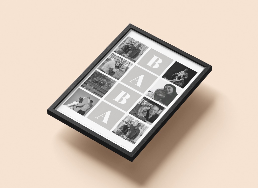BABA Harfli Fotoğraf Kolajı | 8 Kare Izgara Tablo | Babalar Günü Minimalist Hediye