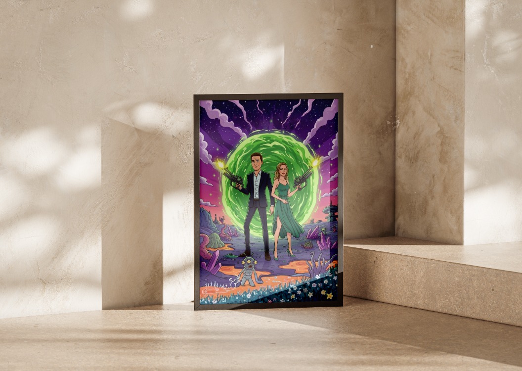 Kişiye Özel Rick and Morty Tarzı Çizim Portre | Yaratıcı Çift Hediyesi