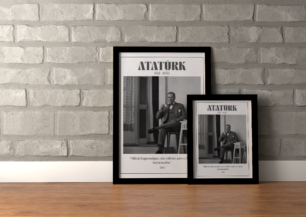 Atatürk Kahve İçerken Siyah Beyaz Tablo | "Milletin Azmi" Sözlü Nostaljik Poster
