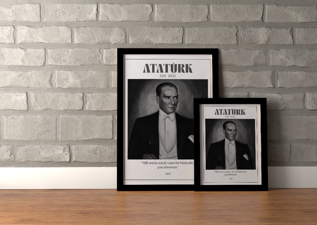 Atatürk Smokinli Yağlı Boya Efektli Tablo | "Vatan Bir Bütündür" Sözlü Portre