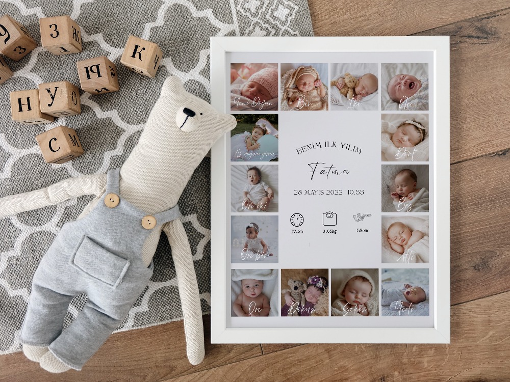 Bebeğin İlk Yılı Fotoğraf Kolajı | Doğum Detaylı Büyüme Panosu | 1 Yaş Hediyesi