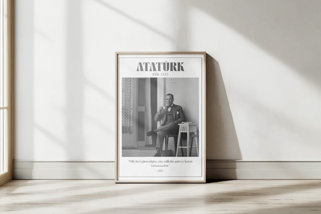 Atatürk Kahve İçerken Siyah Beyaz Tablo | "Milletin Azmi" Sözlü Nostaljik Poster
