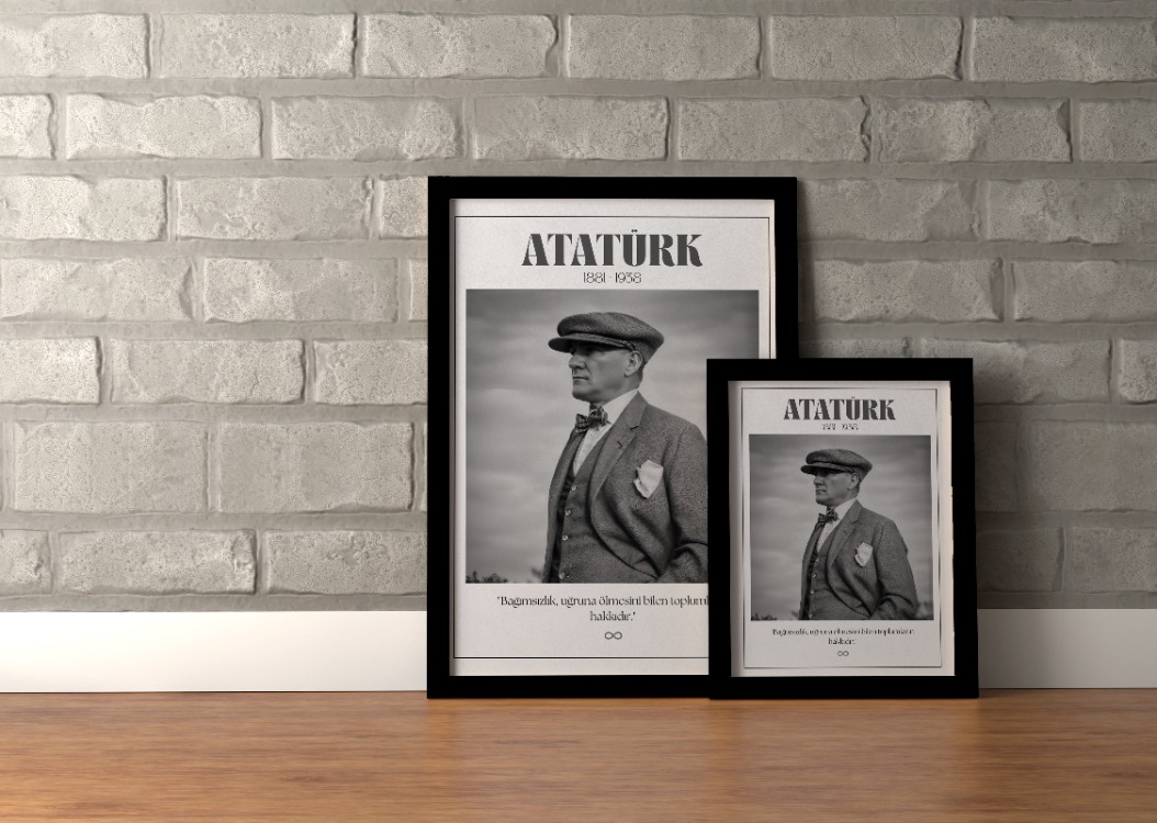 Atatürk Kasketli Nostaljik Portre | "Bağımsızlık Hakkıdır" Sözlü Siyah Beyaz Tablo